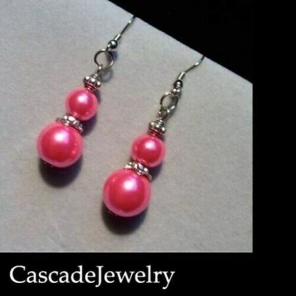 Hand Crafted Jewelry - Hand Crafted Long Glass Pearl Earrings Antiqued Silver Beads Hot Pink